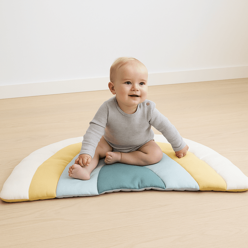 Knitted play mattress - leketeppe, rainbow, dusty green